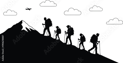 Hiking people silhouettes climbing mountain trail adventure teamwork outdoor exploration success black vector illustration isolated on white background landscape design