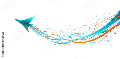 Ein türkisfarbener Papierflieger fliegt mit bunten, abstrakten Linien und Partikeln nach rechts.