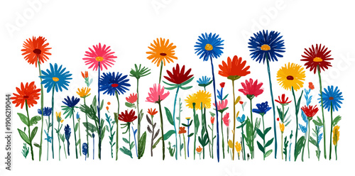 Bunte Blumenwiese mit verschiedenen Blüten und grünen Stielen auf weißem Hintergrund