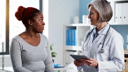 Doctor consulting with pregnant woman in medical office setting with care and professionalism