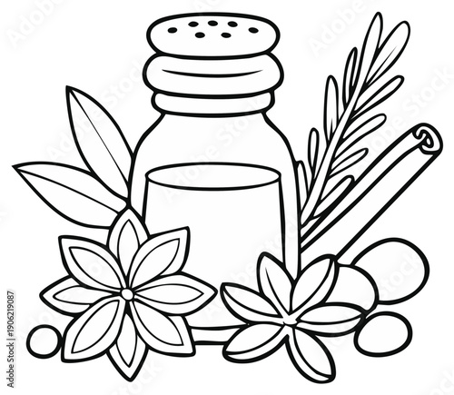 Spice assortment with salt shaker and herbs line art illustration