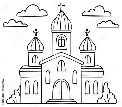 Outlined Orthodox Church with Domes and Crosses Set Against Clouds