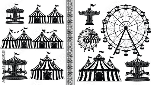 Carnival amusement park silhouettes set featuring circus tents ferris wheel carousel fair rides black vector illustration isolated white background