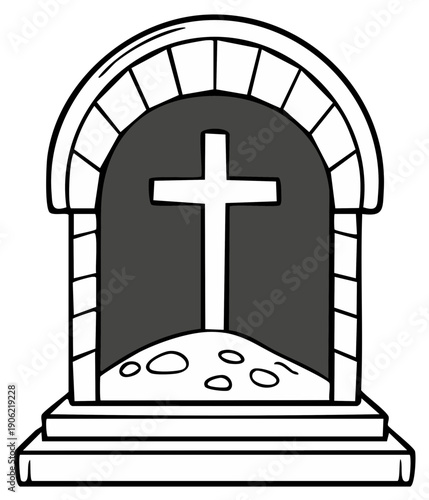 Simple cartoon drawing of an ancient style tombstone with a prominent Christian cross symbol