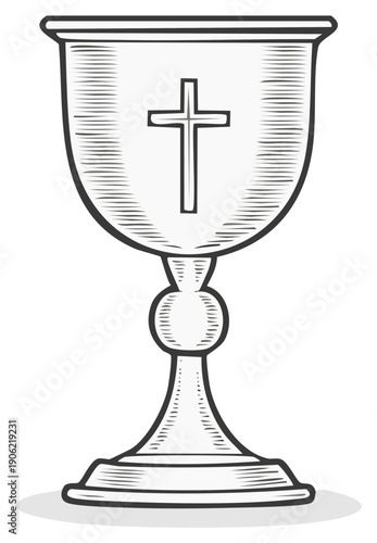 Ornate chalice with cross symbol, religious communion cup in etched drawing style