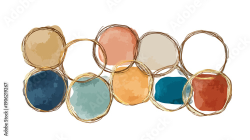 Abstrakte, organische Formen in Erdtönen und Gold, überlappend und transparent, auf weißem Hintergrund