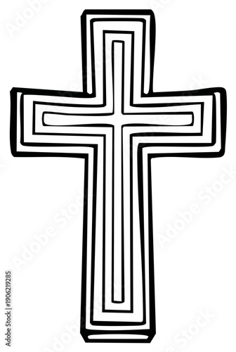 Stylized Christian cross symbol illustration with concentric lines in a black and white doodle style