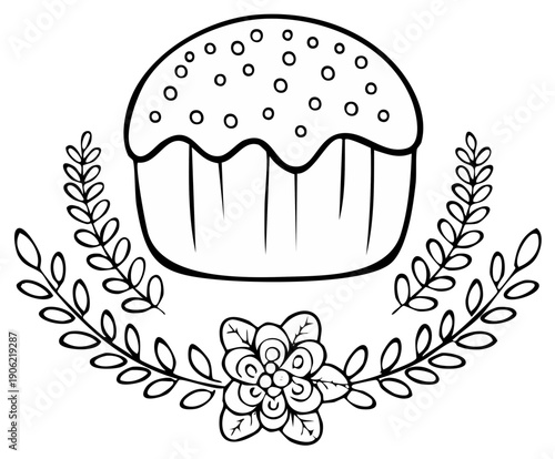 Easter Cake Decoration Floral Wreath Outlines. Cake With Icing Sprinkles. Flower and Branches Black Line. Easter Baking Design.