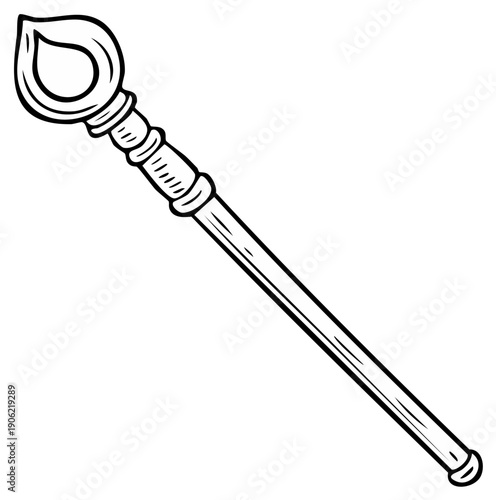 Stylized illustration of a magic wand with a teardrop-shaped end and detailed handle