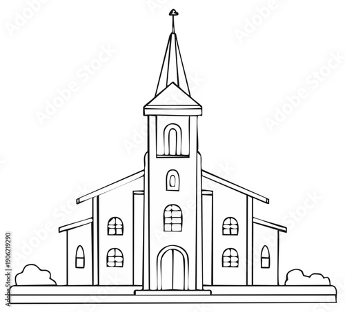 Line art of a church building with a steeple and symmetrical facade, coloring page