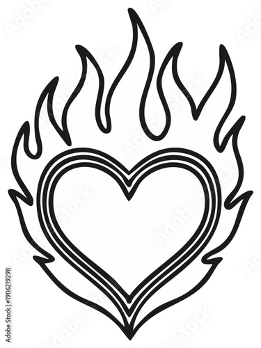 Heart in Flames Outline Illustration, Love and Passion Concept