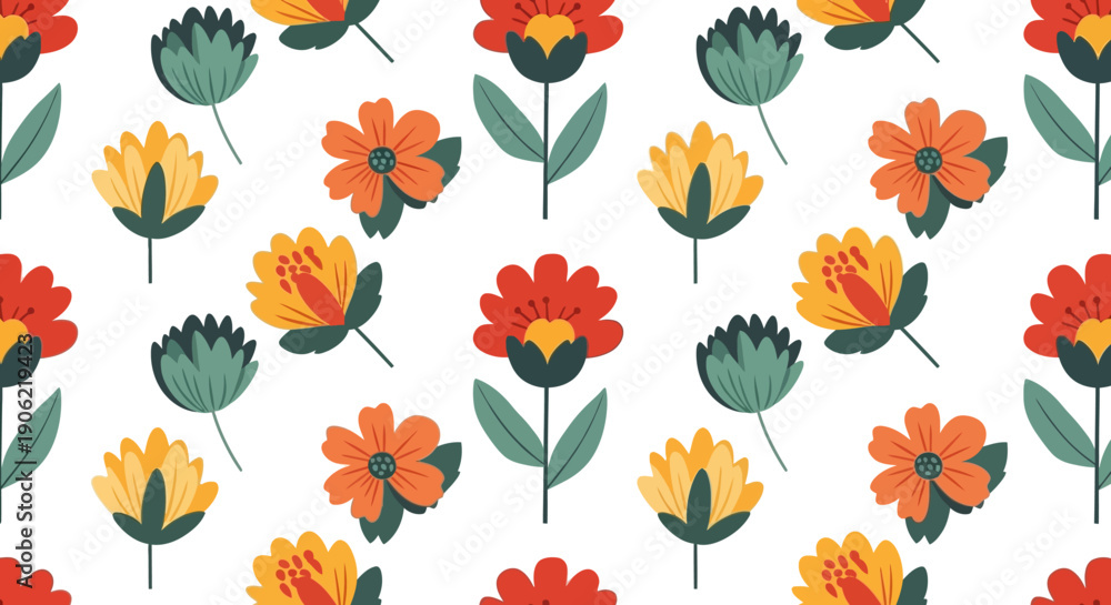 Obraz premium A vibrant floral pattern featuring colorful flowers and leaves on a white background from a direct viewpoint