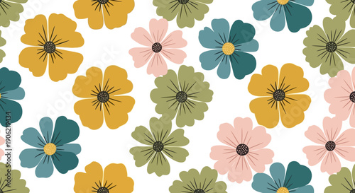 A colorful floral pattern featuring various flowers in a repeating design on a white background from a top-down viewpoint