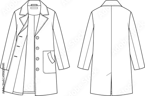 Tailored long coat technical flat sketch showing front and back views, button closure, lapel collar, minimalist fashion illustration for apparel design production