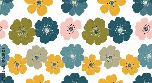 A vibrant floral pattern featuring stylized flowers in various pastel colors on a white background from a direct overhead viewpoint