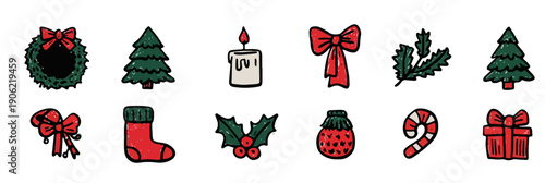 Festliche Weihnachtssymbole wie Tannenbaum, Geschenk und Kerze auf transparentem Hintergrund