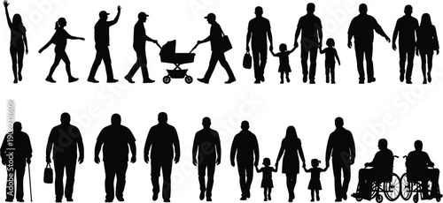 People silhouettes collection showing families adults children elderly stroller wheelchair walking poses black vector illustration isolated on white background design