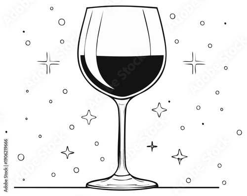 Elegant wine glass filled with dark red liquid surrounded by sparkling celebratory elements