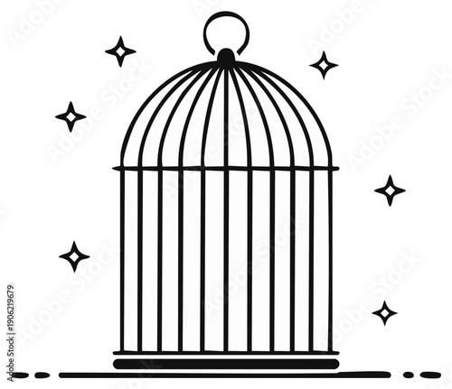 Whimsical Vintage Birdcage Illustration with Sparkling Stars