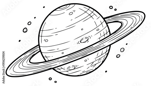 Hand drawn line art illustration of Saturn depicting its iconic rings in space for astronomy and education