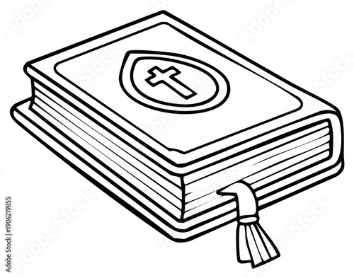 Cartoon Holy Book Illustration with Cross Symbol and Bookmark for Religious Education or Coloring