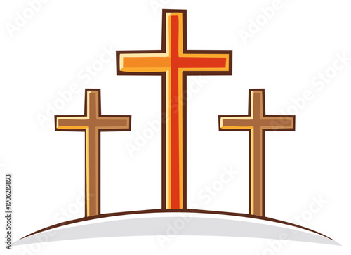 Three crosses on calvary hill, religious symbol of crucifixion and resurrection. Symbolic cartoon vector design.
