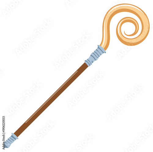 Golden Crooked Staff with Decorative Bands and Swirl Top