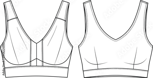 Wide leg trousers technical flat sketch showing front and back views, high waist design, minimalist fashion illustration template for apparel design and garment production
