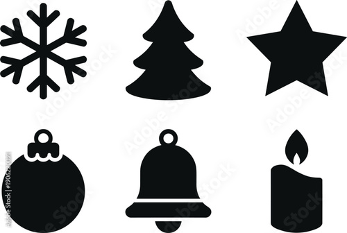 Minimalist Christmas icons set illustration, snowflake tree star bauble bell candle silhouettes, modern holiday symbols isolated on white background design