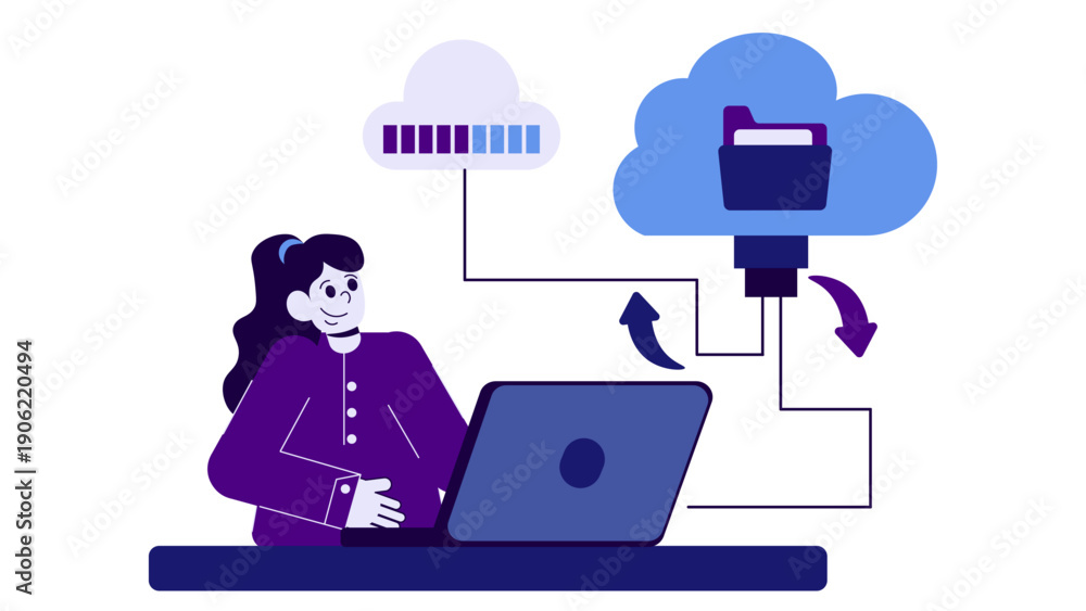 Fototapeta premium A businesswoman working on a laptop connected to cloud storage and a loading bar for data synchronization and security