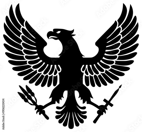 Heraldic Eagle Silhouette with Weapons and Wide Wings, Emblematic Bird Image