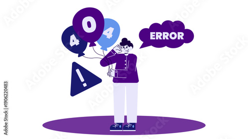 A man holding balloons shaped like the numbers 404 with a speech bubble saying error and a warning sign nearby