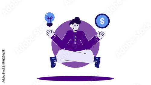 A man in a meditative pose managing a virtual business with floating lightbulb and dollar icons representing innovation