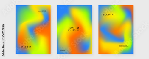 Set of three abstract vibrant mesh gradient posters featuring fluid organic shapes with a trendy grainy texture and minimalist typography