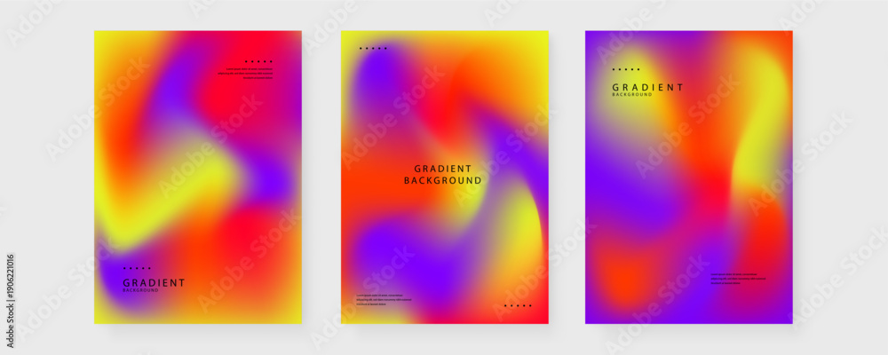 Obraz premium Set of three abstract gradient posters featuring bold yellow purple and red hues for branding
