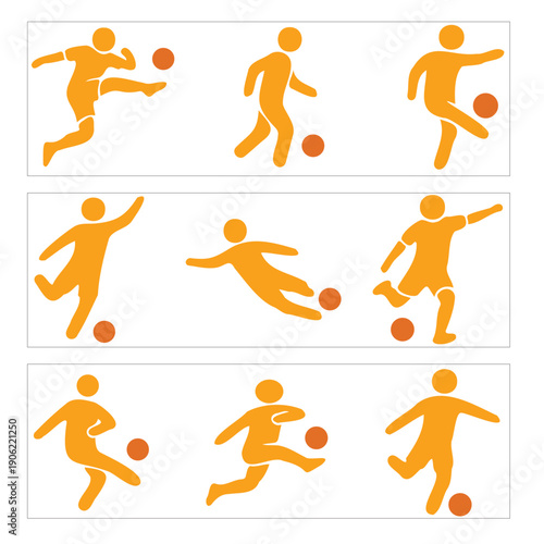 Orange icons of soccer players in various action poses on white background