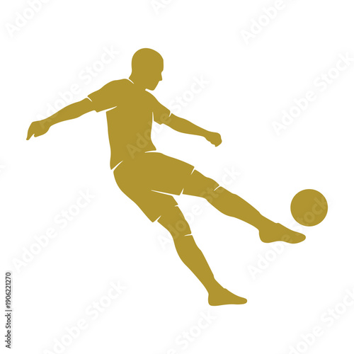 Golden silhouette of soccer player powerfully kicking ball isolated on white background