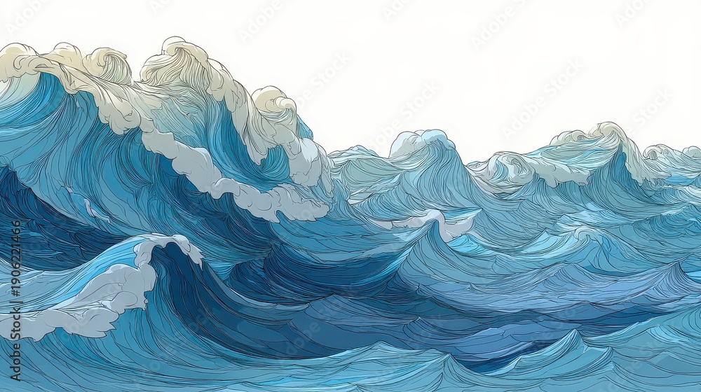 Obraz premium Abstract Geometric Seascape with Layered Blue Waves and White Peaks Digital Art