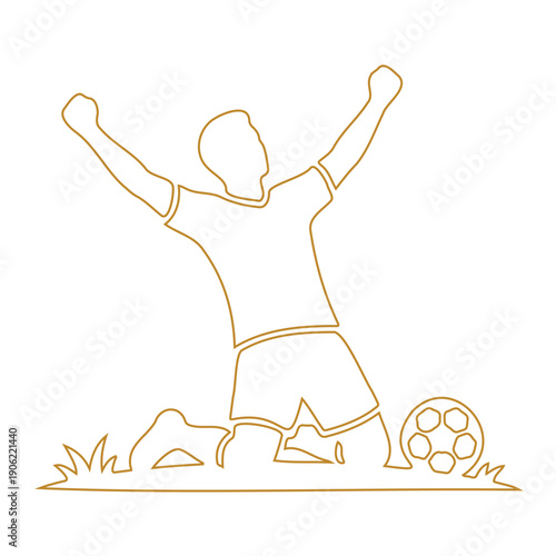 Soccer player celebrating victory with raised arms on knees next to ball on grass
