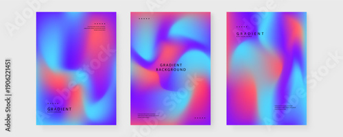 Professional set of three abstract mesh gradient posters with minimalist typography and vivid purple tones