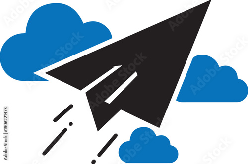 A black paper airplane icon with speed lines flying upwards past two fluffy blue clouds in a clear sky