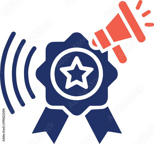 A medal ribbon with a star and a megaphone with sound waves represents promotion and recognition