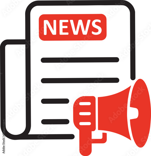 A red megaphone icon stands next to a newspaper page featuring the word NEWS at the top