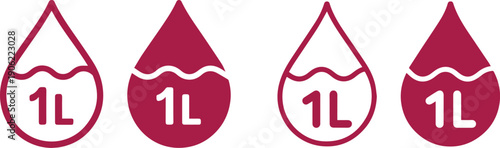A set of four maroon drop shaped icons indicating one liter liquid volume measurement