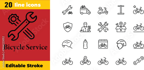 Bicycle Service Line Icons Set – Bike Repair, Cycling Accessories, Delivery, Workshop and Maintenance Editable Stroke Vector