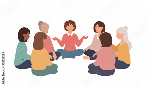 Women group therapy session emotional support flat vector illustration
