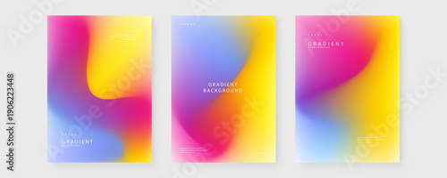 Professional set of three vibrant posters featuring smooth transitions between sky blue magenta and bright yellow