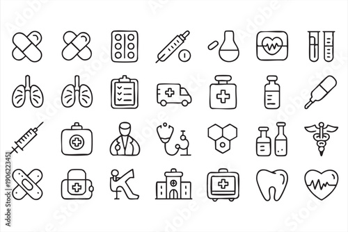 Medicine and clinic vector icons including doctor tools and lab signs