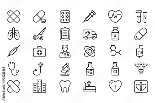 Hospital and treatment linear symbols set for infographic use