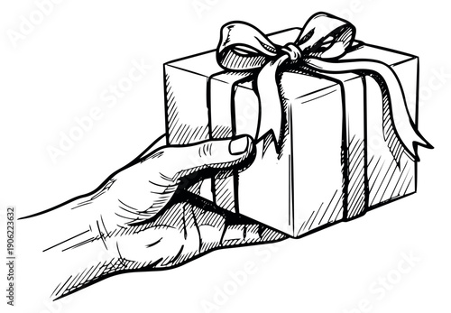 Line art illustration of a hand holding a gift box depicting offering a present for a special occasion